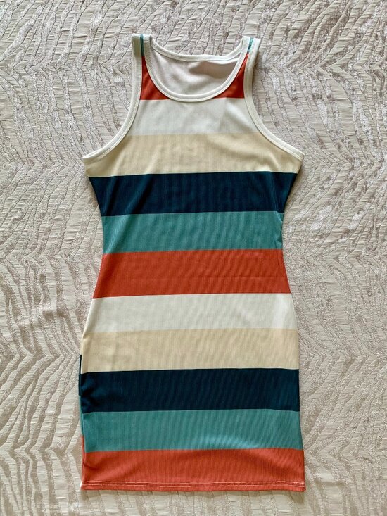 SHEIN Dresses & Skirts - Earthy Tone Retro Striped Ribbed Bodycon Sleeveless Tank Style Mini Dress